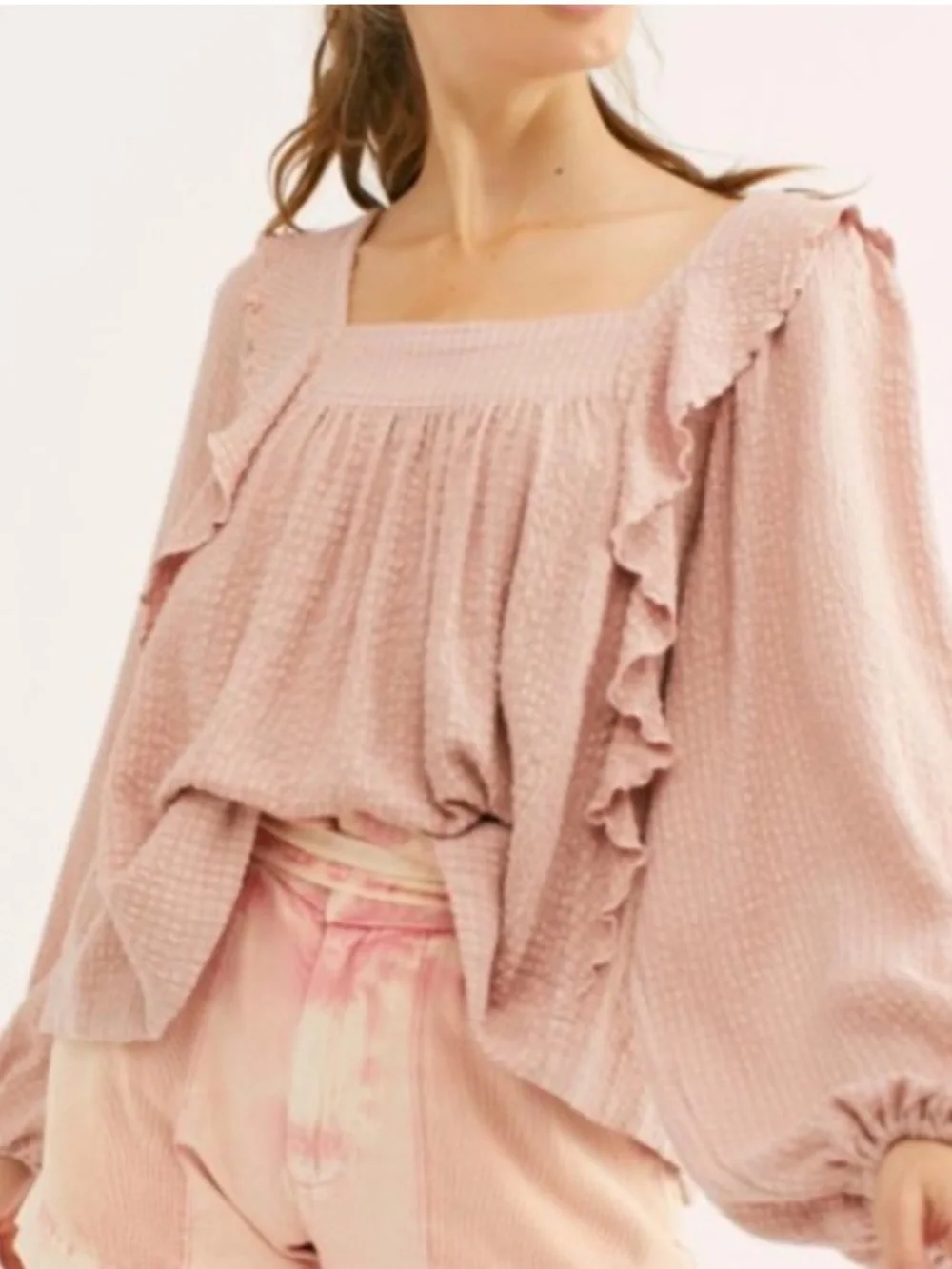 Free People Bonnie Blouse Dusty Pink Textured Ruffle Boho Top Size Small